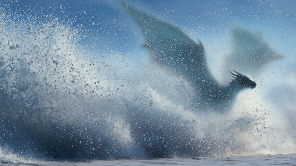 Fototapeta premium Splashing ocean spray forming the image of a dragon in mid-flight
