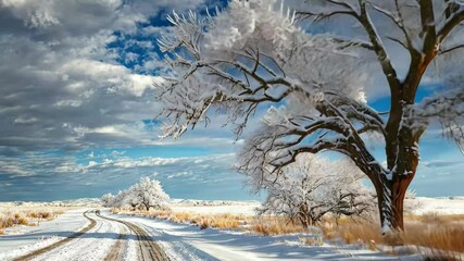 Snowy national road landscape showcasing frost covered trees and clear blue skies, Snow along the national road - Powered by Adobe