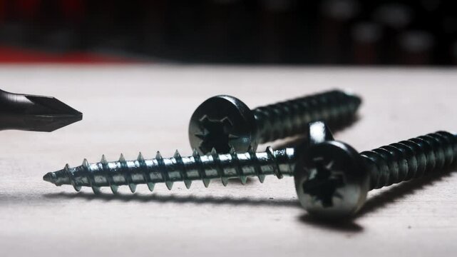 Close-up view of screwdriver bit and shiny metal screws on wooden surface in a workshop environment