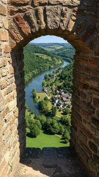 View through an ancient stone arch window of a scenic river valley. Picturesque European village and green hills seen from a castle.