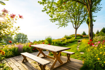 Blooming Garden View with Wooden Picnic Table