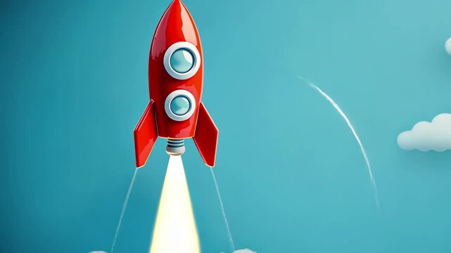 Toy rocket launching with white smoke against a painted blue background, Toy rocket launches with white smoke on painted blue background