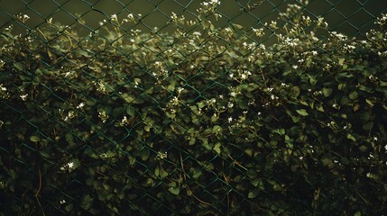 Green Mesh Fence Overgrown with Wild Vines and Plants
