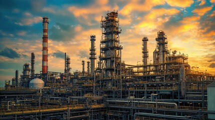 Industrial oil refinery chemical plant with complex piping and towers at sunset. Energy industry infrastructure scene.
