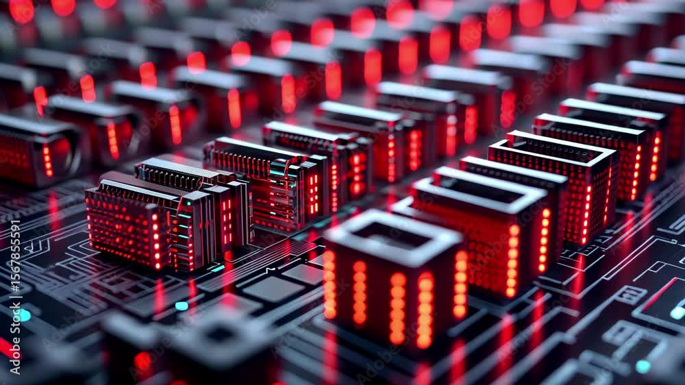 Aufkleber red and blue illuminated binary code storage in a high tech data transfer setup, running binary code