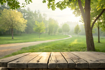 Rustic Wooden Table with Morning Sunlight in Forest Park, Scenic Forest Path View with Empty Wooden Deck Table