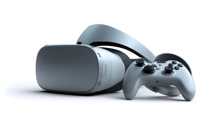 3d illustration of virtual reality headset motion controllers isolated white background VR gaming setup for immersive digital experience trending futuristic entertainment concept for technology stocks