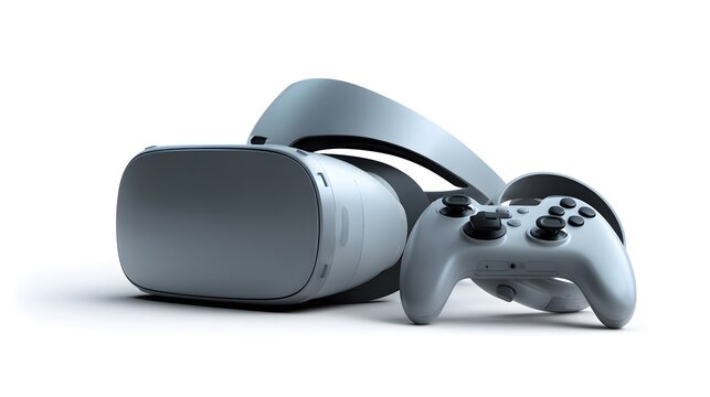 3d illustration of virtual reality headset motion controllers isolated white background VR gaming setup for immersive digital experience trending futuristic entertainment concept for technology stocks