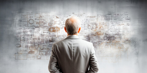 Seasoned executives crafting multi?phase growth roadmap on oversized glass whiteboard featuring intricate color?coded market diagrams