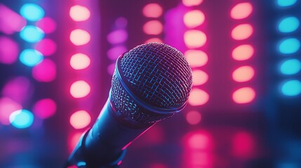 Close-up of a microphone on stage with vibrant pink and blue lights
