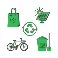 Vector icon set showing eco habits: reusable bags, solar panel, recycle symbol, bike, compost....