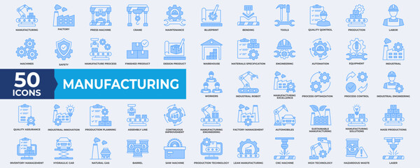 Manufacturing icon collection set. Containing manufacture, production, goods, product, management, business, infrastructure icon. Simple line blue vector illustration.