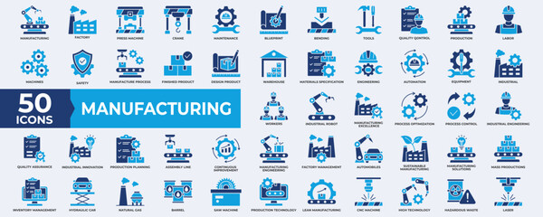 Manufacturing icon collection set. Containing manufacture, production, goods, product, management, business, infrastructure icon. Simple flat vector illustration.