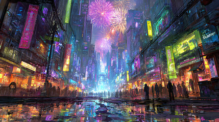 Futuristic Cityscape at Night with Fireworks and Rain Reflections