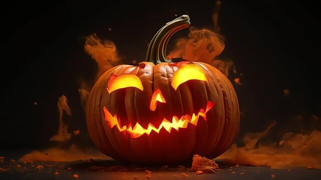 Transformation d&rsquo;une citrouille mal&eacute;fique en citrouille souriante et amusante - format paysage - vid&eacute;o gen&eacute;rative | IA / AI 