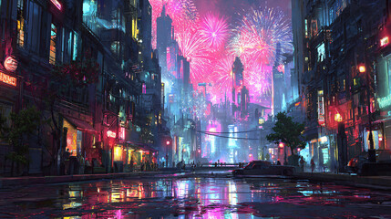 Futuristic Cityscape at Night with Vibrant Fireworks Display