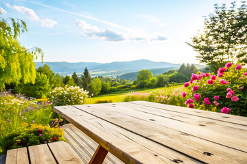 Wooden Table with Scenic Hill View and Blooming Flowers