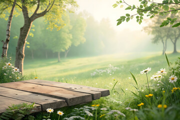 Wooden Texture Table with Natural Landscape Background
