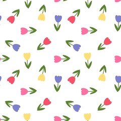 Colorful tulip pattern with red, pink, yellow, and purple flowers on white background. Cute floral design for spring, kids, fabric, and wrapping.