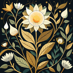 Golden Floral Illustration Blooming Vines and Radiant Petals