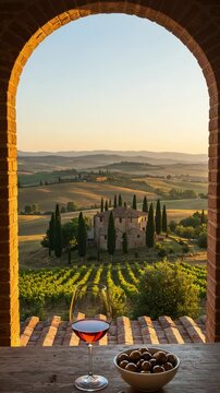 A glass of red wine and a bowl of olives on a windowsill overlooking a beautiful Tuscan landscape. Scenic view of a vineyard, villa, and cypress trees in Italy at sunset.