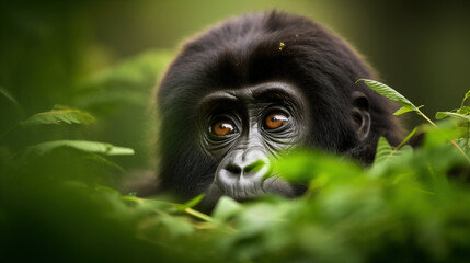 A curious young gorilla peeks out from dense green foliage with wide, expressive eyes. Ideal for wildlife storytelling, conservation campaigns, and nature education projects