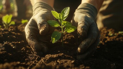 Hands in work gloves gently planting a green seedling into rich soil during golden hour. Ideal for content on sustainable farming, ecology, reforestation, and environmental protection
