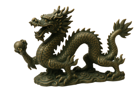 Bronze chinese dragon statue isolated on transparent background - Powered by Adobe