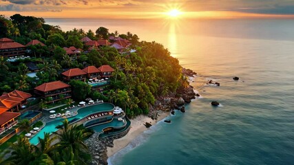 Beautiful sunset over Phuket island coast with luxury resorts and calm ocean view, Patong Phuket Thailand aerial sunset view of island coast - Powered by Adobe