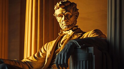 Majestic statue of a seated, pensive, iconic figure in warm, dramatic lighting