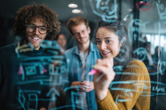 Young professionals brainstorming ideas on a glass board in a modern office. Ideal for projects related to teamwork, creative strategy, startups, innovation, and collaborative workspaces