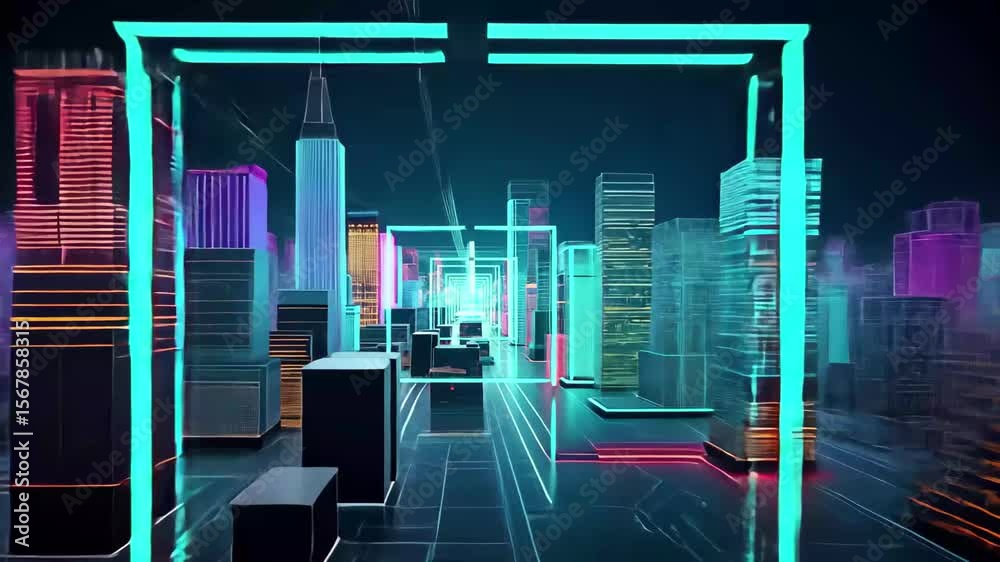 Poster Digital binary code representation in an isometric render showcasing a futuristic cityscape, Digital binary code datum Isometric 3D render seamless