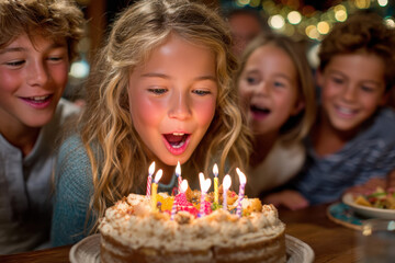 Celebrating a joyful birthday party with friends and colorful cake at night
