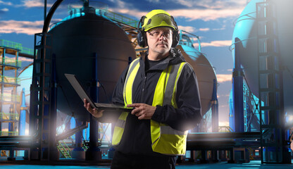 Industrial engineer in safety gear with laptop inspecting gas plant facility at sunset, checking...