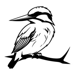 Monochrome Kingfisher Illustration Perched on Branch Vector Graphic Image
