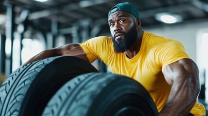 Functional training with plus-size man flipping tire, strength-focused fitness vibe