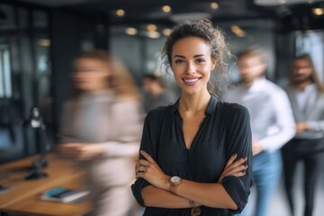 Confident businesswoman smiling with arms crossed in a modern office as colleagues move in the background. Perfect for visuals on leadership, empowerment, and dynamic teamwork