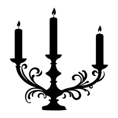 Ornate candelabra with three burning candles in classic silhouette design