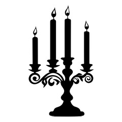 Ornate Candelabra with Four Burning Candles in Black Silhouette against White Background