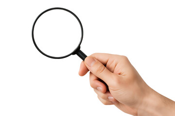 Hand holding magnifying glass isolated on transparent background