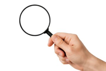 Hand holding magnifying glass isolated on transparent background