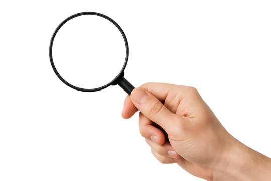 Hand holding magnifying glass isolated on transparent background