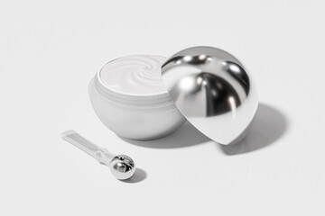 cream jar mockup, metallic ball shape skincare packaging, luxury frosted acrylic facial cream container electroplated lid, translucent glass round shape lip mask with silver electroplating cap