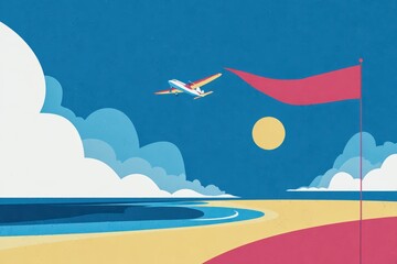 Enjoying summer vacation at the beach with sunny skies and a flying plane Generative AI
