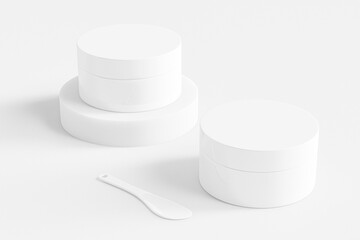 short cosmetic jar mockup, luxury white acrylic facial cream container, small white plastic lip mask product, slim opaque plastic container, solid white glass jar, round shape skincare packaging
