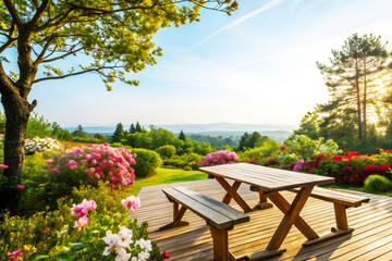 Peaceful Morning Garden Terrace with Blooming Flowers and Benches