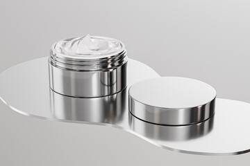 luxury metallic cream jar packaging mockup, skincare jar with electroplated texture, round shape silver electroplating cosmetic packaging, Chrome Electroplated Glass eye cream pod container