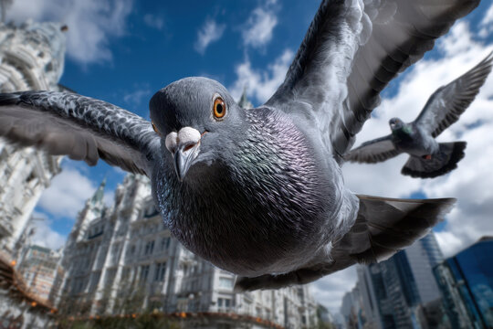 Pigeons soaring in a cityscape under a dramatic cloud-filled sky