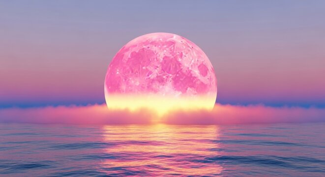 A pink moon rises over the sea at sunset - Powered by Adobe