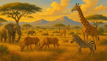 A peaceful savanna scene with elephants, giraffes, zebras, and antelopes eating grass under a warm sunset sky. Tall trees, golden grass, and mountains in the distance make the view calm and beautiful.
